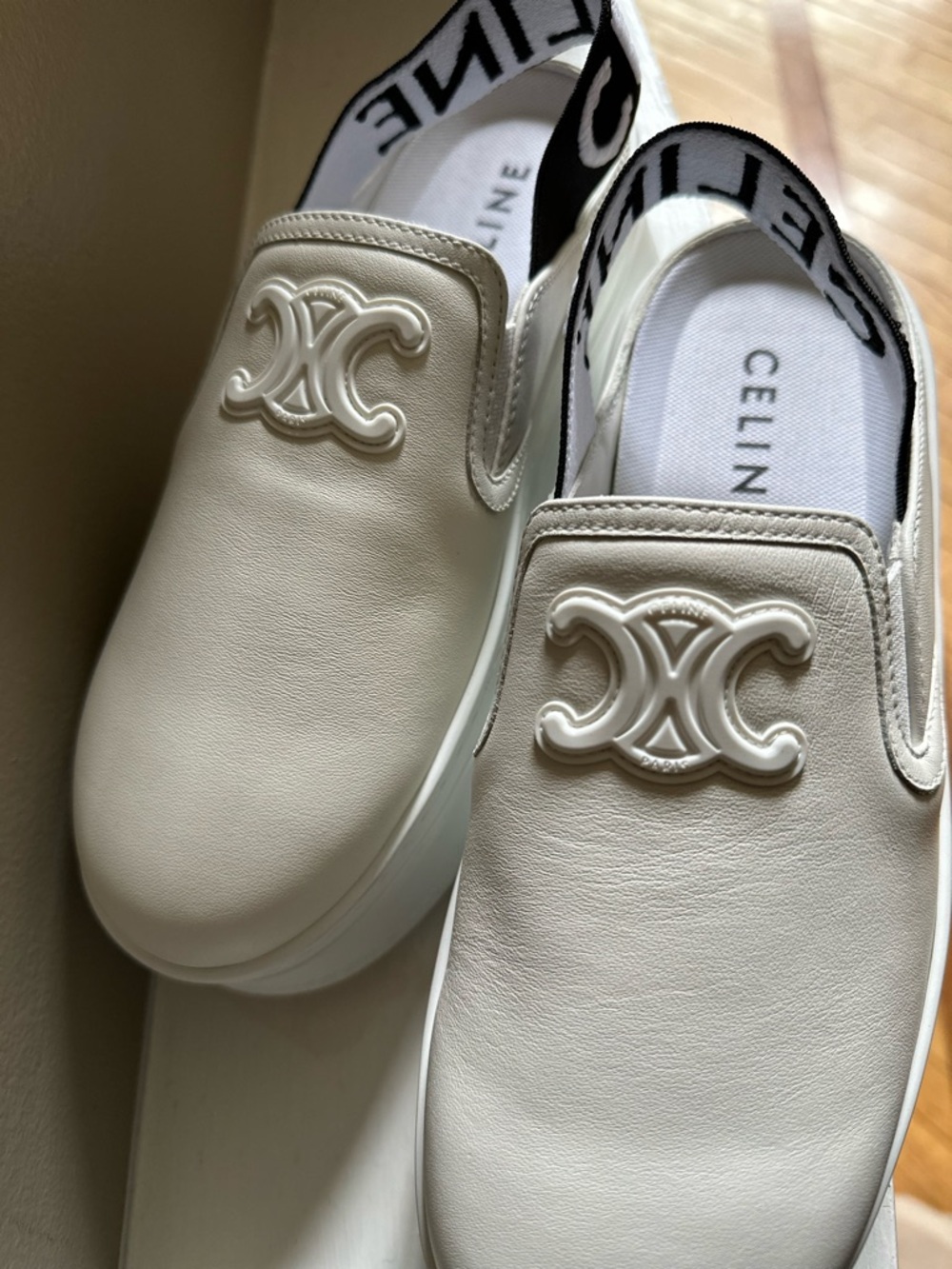 Celine White Leather Platform Slip-On with Black Logo Heel Strap - Picture 11 of 14